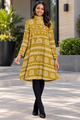 African Ethnic Tribal Gold Women's Turtleneck Tunic Dress | African Fashion | Bynelo
