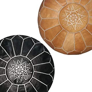 Set of two poufs in real brown and black natural leather for living room
