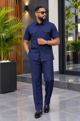 Ensemble chemise à manches courtes et pantalon à fines rayures bleu marine pour homme – Tenue deux pièces avec poche utilitaire