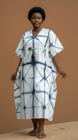 Trendy Blue and White Tie-Dye Maxi Dress with Tie Detail