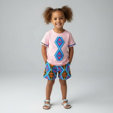 Ensemble Fille Wax MATEKE – Short Taille Élastique &amp; T-shirt- Vêtement Enfant Fait Main(2-6 ans)