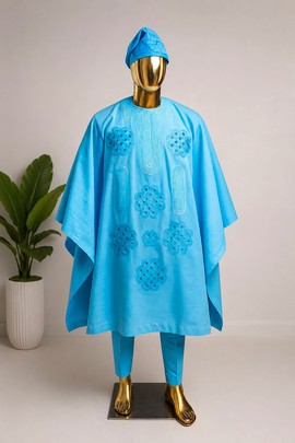 Men's Sky Blue Agbada with Cutwork Floral Embroidery – Three-Piece Traditional Nigerian Set