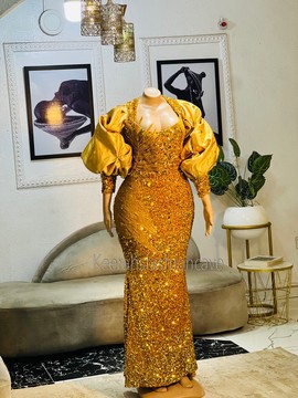 Puff sleeves a line sequin formal evening prom dresses , sequin dresses, evening gowns