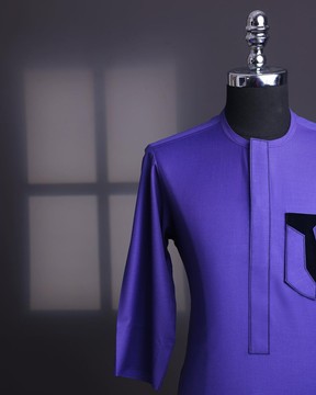 An aesthetic purple, patterned pocket with velvet details, 3/4 sleeve African senator kaftan native.