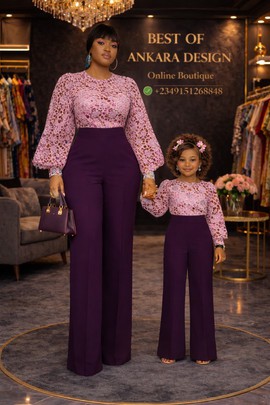 Elegant Plum Palazzo Pants &amp; Pink Lace Matching Mom and Daughter Outfit