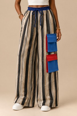 Women’s Striped Wide-Leg Cargo Pants with Blue &amp; Red Utility Pockets