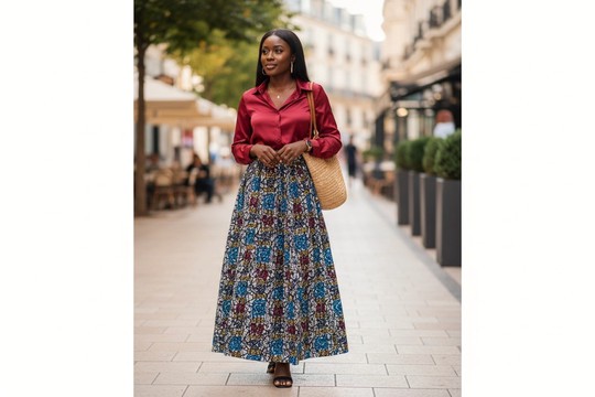 Maxi flared skirt in wax print – Graphic Black &amp; Cream Timeless