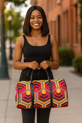 African Travel Bag Leather Ankara Geometrical Wax Print