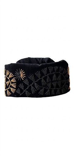 Black Velvet Embroidered Kufi Cap with Gold Zari Threadwork