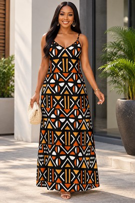 Robe longue élégante en bogolan tribal pour femme, avec col en V et poches