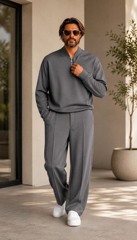 Men's Grey Quarter-Zip Sweatshirt &amp; Wide-Leg Pants Set – Relaxed 2-Piece Loungewear