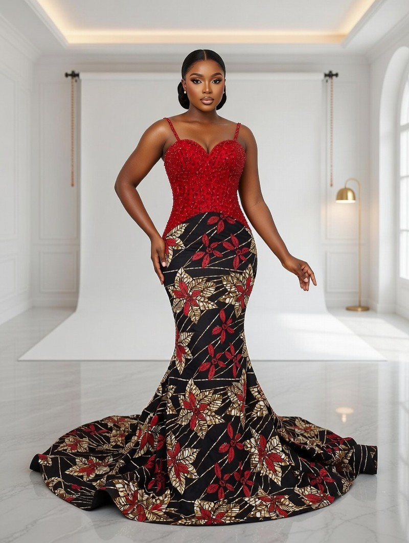 Ankara Fishtail Dress, Mixed Print Ankara Mermaid Dress, African Weddin