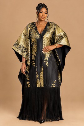Robe caftan à franges noire et dorée de luxe pour femme – Tenue africaine élégante pour les grandes occasions