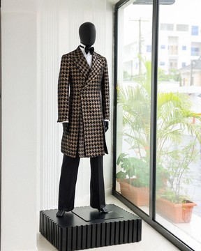 A Gold &amp; Black, Houndstooth Check, Peak Lapel, Front Cut Trench Jacquard Suit