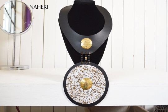African beaded jewelry leather collar necklace with disc pendant