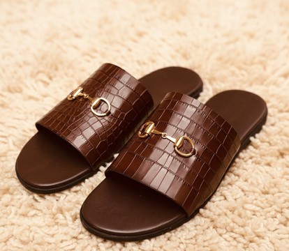 Men’s Brown Croc-Embossed Slide Sandals with Gold Buckle Detail
