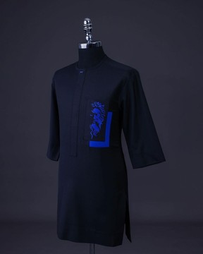 A Charcoal black, Front flap with crystals blue Swarovski buttons, Zeus embroidery kaftan
