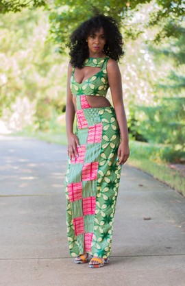 African Print Ankara Multicolor Two Piece Cutout Sleeveless Cropped Top and Maxi Pencil Skirt Set