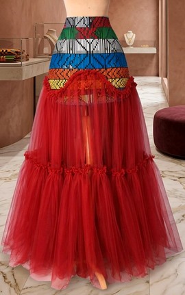 African Ankara &amp; Tulle Maxi Skirt – Elegant High-Waist Layered Mesh Skirt for Women