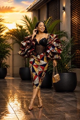 Robe longue africaine en Ankara bleu à corset | Robe africaine à manches bouffantes, robe de cérémonie sur mesure pour invitée de mariage