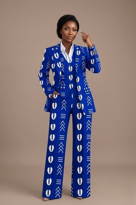 Royal Blue Cowrie &amp; Geometric Printed Women's 3-Piece Power Suit