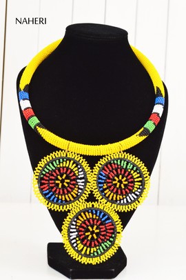 African Maasai Beaded Yellow Necklace | Zulu Beaded Necklace | Tiered &amp; Tribal