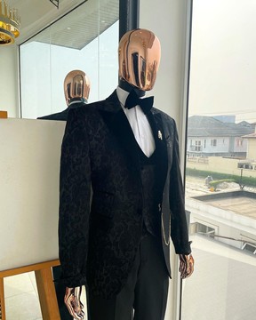 A charcoal black, mandarin floral pattern with gold detailing metallic Jacquard suit