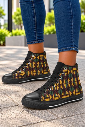 Afrocentric  Pan-African Kuba print Women's Classic High Top Canvas Shoes | African Sneakers
