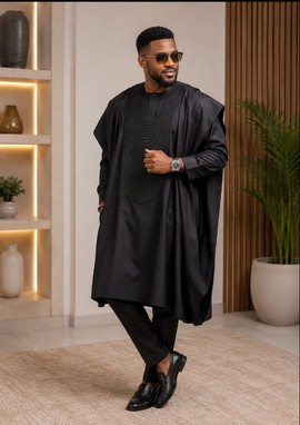 Men's Black Agbada Set – Senator Material Traditional Outfit with Circular Embroidery