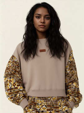 Women's V-neck hoodie - women's wax sweatshirt - African fabric sweater - beige
