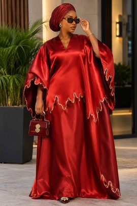 Women's Red Satin Kaftan Maxi Dress – Elegant Flowing Bat Sleeve Gown with Gold Embroidered Trim