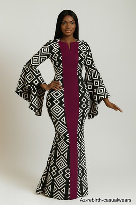 Robe Longue Cintrée en Tissu Ankara avec Manches Évasées – Disponible en Toutes Tailles