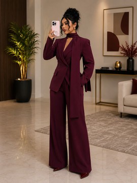 Women's Wine Burgundy Cotton Blazer &amp; Wide Leg Trouser Suit with Attached Neck Tie