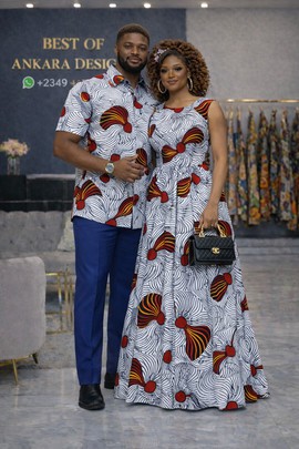 Ensemble de couple de luxe en Ankara – Robe longue pour épouse et chemise assortie pour mari