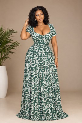 Women’s Green &amp; Cream Printed Maxi Dress – Elegant African Print Long Sleeve-Style Occasion Gown