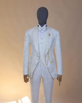 An ivory white, knitted, root floral jacquard notch lapel suit and pant trouser.
