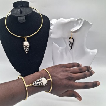 Maasai Handmade Brass Mask Jewelry Set, Choker Earrings &amp; Cuff Bracelet, African Statement Jewelry
