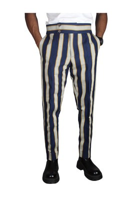 Blue and Yellow Side Striped Pants, Side Stripes Denim Pants, Mens Clothing, Men Wear