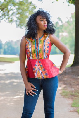 Ankara African Print Red Dashiki Sleeveless Peplum Blouse