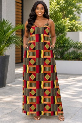 AFRICAN KENTE Women's Elegant V-Neck Maxi Dress | Kente Print Maxi Dress