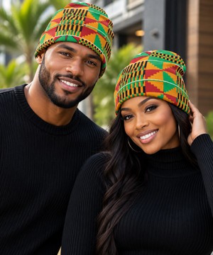 Kente Print Cuffed Beanie Knitted Hat | African-Inspired Accessory | Bynelo