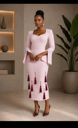 Robe midi rose en tweed à franges avec pompons – Robe moulante pour femme à manches longues et décolleté en cœur