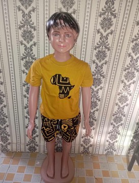 Cotton T-Shirt with Africa Patch &amp; Ankara Print Shorts, Handmade Boys Two-Piece Set