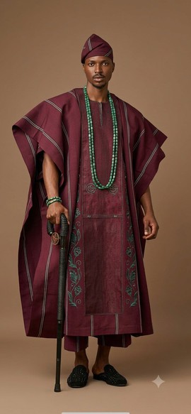 Sovereign Wine-Burgundy Aso-Oke Agbada Ensemble with Jade Accents