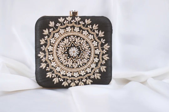 Black Embellished Clutch with Gold Bead and Pearl Medallion