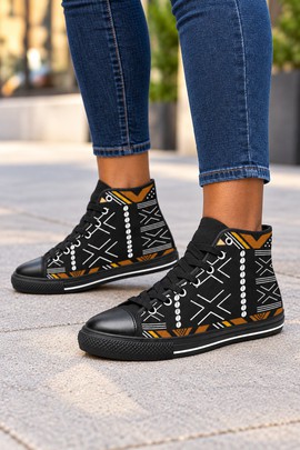 Mudcloth Cowrie Women's Classic High Top Canvas Shoes | African Print High Top Sneakers