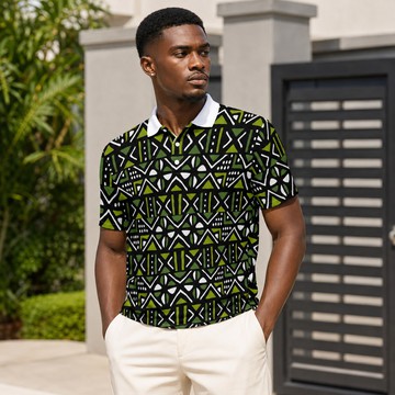 Bogolan Mudcloth Print Men's Heavyweight Polyester Polo Shirt Green | African Fashion | Bynelo