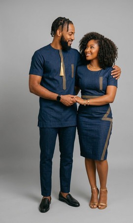 Indigo Denim Couple's Set with Gold Kente Trim - Contemporary African Fashion