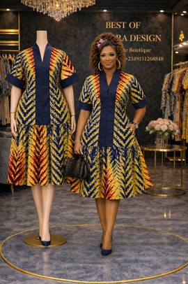 Elegant Ankara Midi Dress with Contrast Panel &amp; Flare Hem