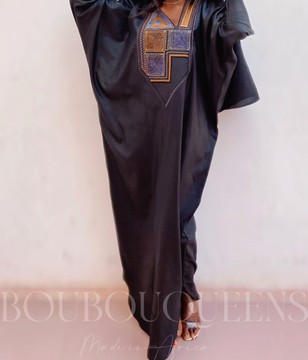 African Boubou Dress for Women "Diena" Black in Glazed Linen — With Scarf